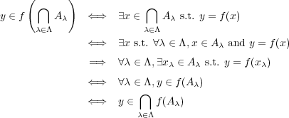  ( ) ⋂ ⋂y ∈ f Aλ ⇐⇒ ∃x ∈ Aλ s.t. y = f(x) λ∈Λ λ∈Λ ⇐⇒ ∃x s.t. ∀λ ∈ Λ,x ∈ A λ and y = f(x) =⇒ ∀λ ∈ Λ,∃xλ ∈ A λ s.t. y = f(xλ) ⇐⇒ ∀λ ∈⋂Λ,y ∈ f(Aλ) ⇐⇒ y ∈ f(Aλ) λ∈Λ 