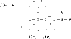 f(a+ b) = --a-+b-- 1 + a+ b = ----a--- + ---b---- 1 + a+ b 1+ a+ b ≤ --a--+ -b--- 1 + a 1+ b = f(a)+ f(b) 