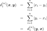  (n) n∑d1 (x,y ) = |xi - yi| i=1 n∑ = |yi - xi| i=1(n) = d1 (y,x) 