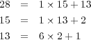 28 = 1× 15 + 1315 = 1× 13 + 213 = 6× 2 + 1 